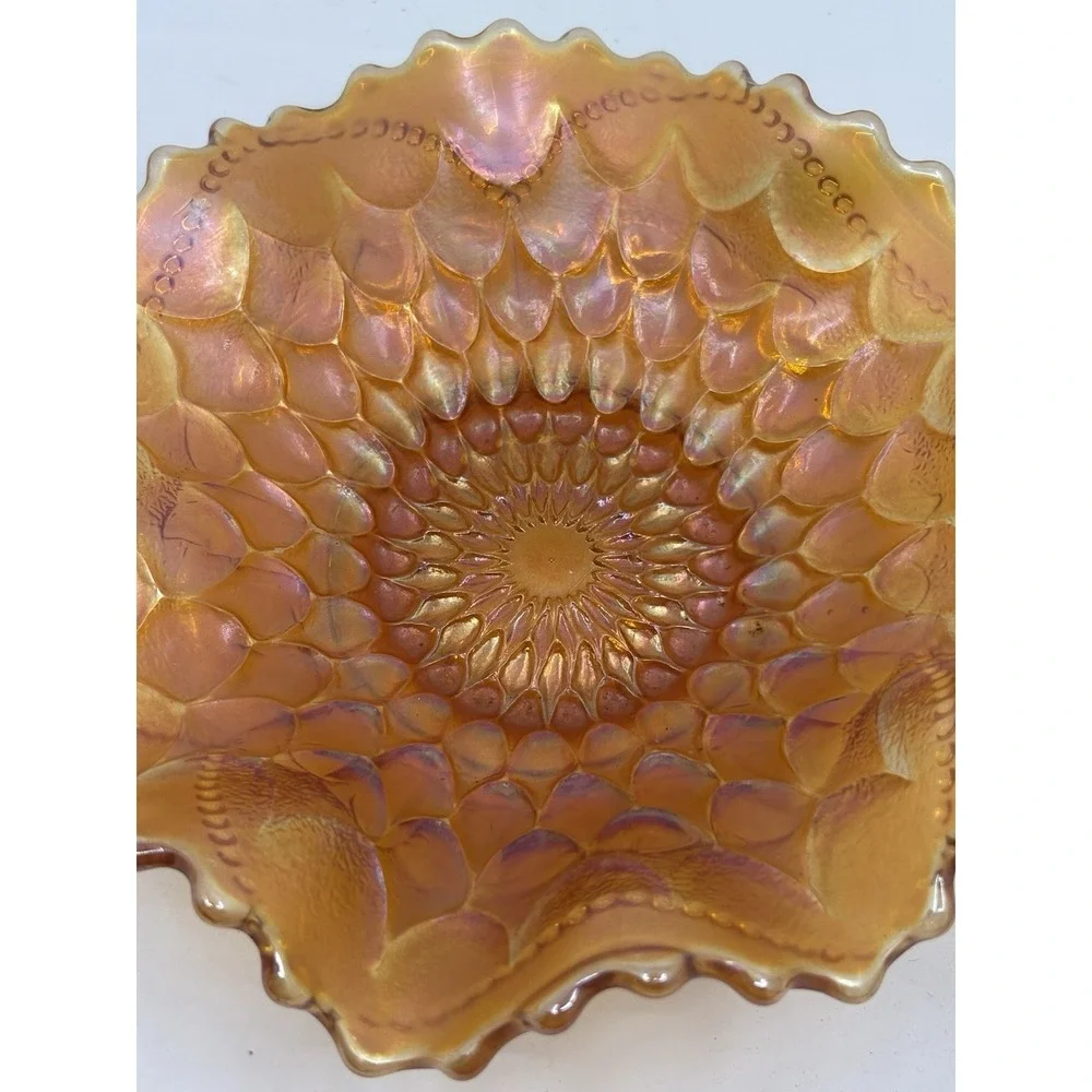 1915 Marigold Dugan Carnival Glass Iridescent Bowl Ruffled Fish scale & Beads